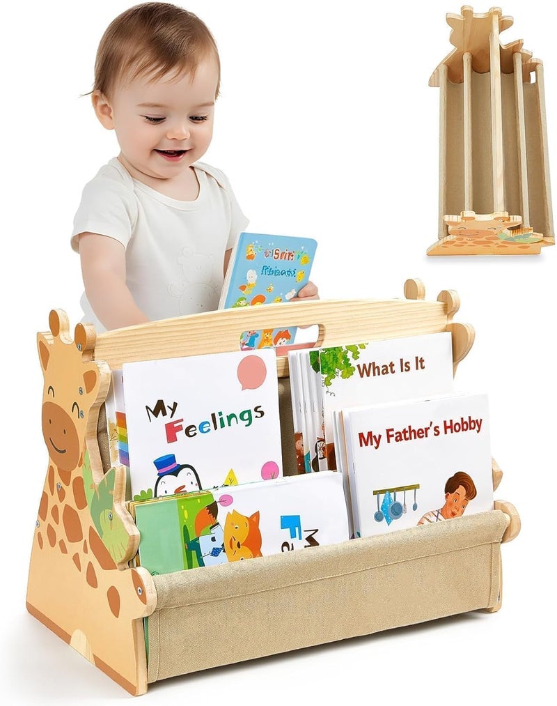 SheSeek Toddler Bookshelf Double-Sided with 4 Tier Deep Sleeves Kids Wooden Montessori Book Rack for Baby Nursery Room, Playroom, Classroom or Bedroom Bookcase Storage Organizer, Light Wood Giraffe - Image 1